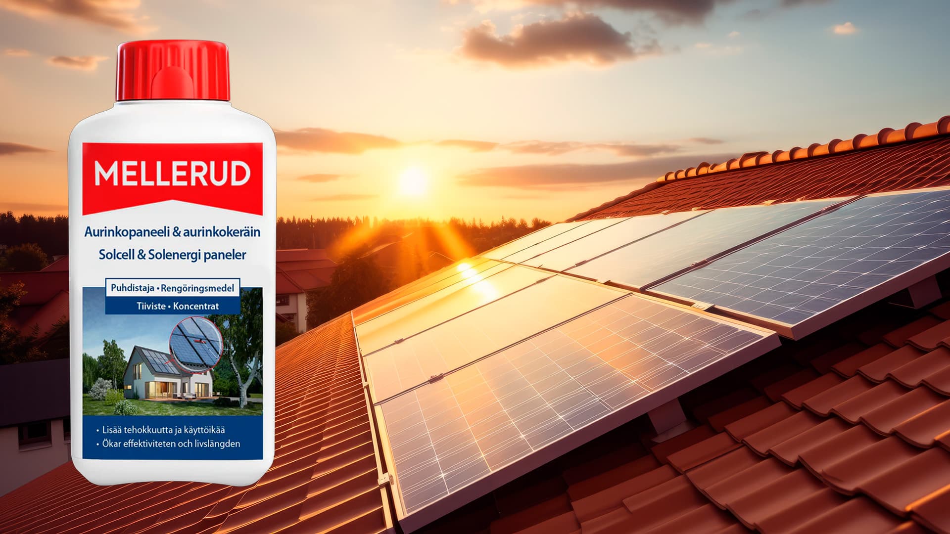 <p data-block-key="rf5zx"><a rel="sponsored noopener noreferrer" href="https://rakennuskemia.fi/collections/mellerud/products/solar-panel-cleaner-0-5l" target="_blank" style="color: #1A73E8;">MELLERUD Solar Panel Cleaner</a> poistaa nopeasti ja tehokkaasti pinttyneen lian, kuten pölyn, noen, pienhiukkaset ja siitepölyn, jättämättä raitoja tai jäämiä. Tuote on suunniteltu erityisesti aurinkopaneeleille, ja sen ainutlaatuinen koostumus säilyttää järjestelmän tehokkuuden ja pidentää sen käyttöikää.</p>