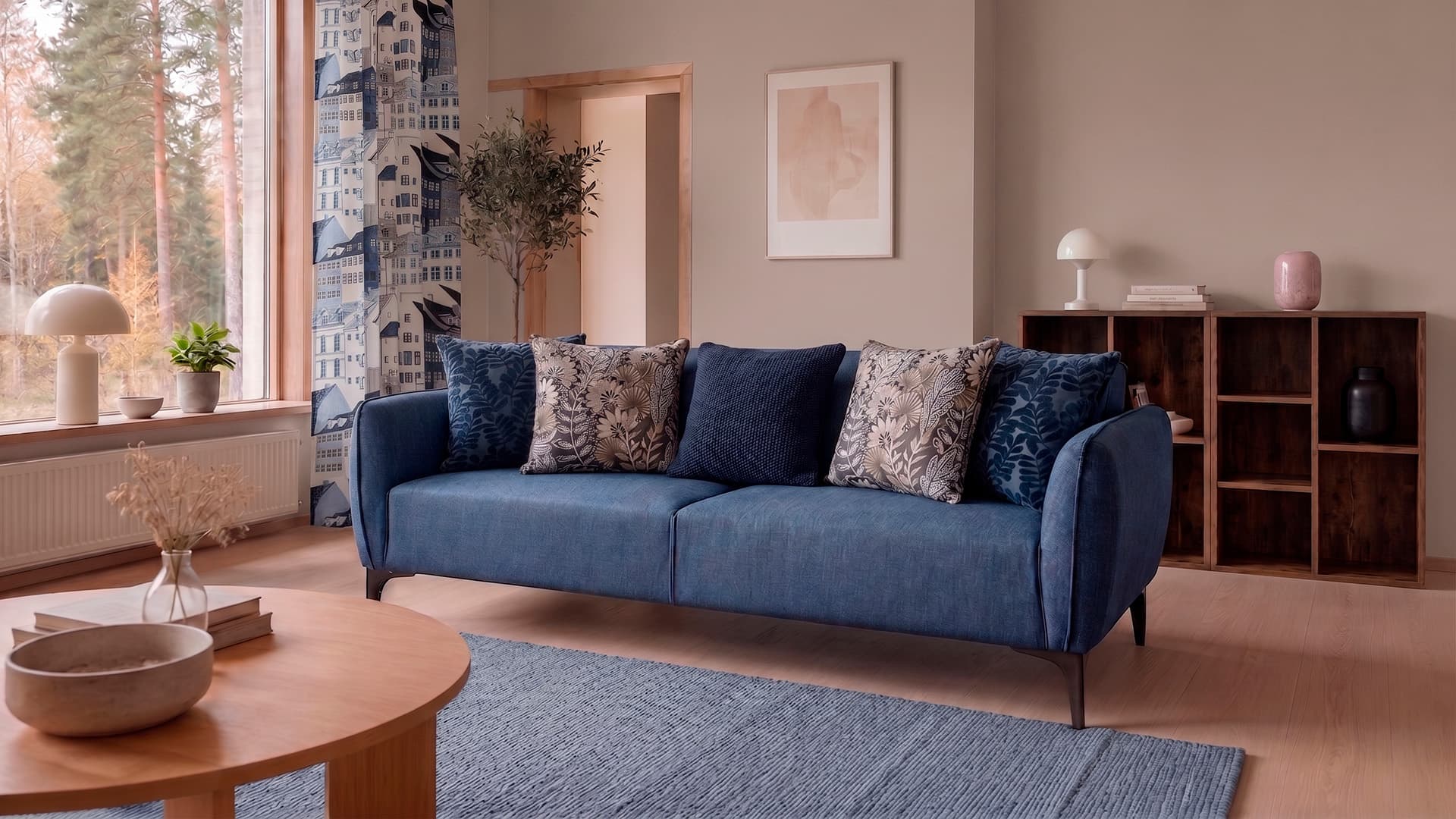 <p data-block-key="0m9ea">Kuvan harmaansininen olohuone rakentuu Valento Furniture Belissimo -sohvan ympärille. House Nordic Santos- ja Yona-tyynyt sekä Home4You Holly -tyynyt tuovat siniseen erilaisia pintoja ja kuvioita. Vallila Kobenhavn -valoverho jatkaa sävyä ikkunalle, ja Vasagle Custos -hyllyn rustiikinruskea pinta antaa viileille väreille lämpimän vastaparin. (Tekoälyllä tuotettu havainnekuva. Tarkista tuotteen todellinen sävy ja yksityiskohdat tuotetiedoista.)</p>