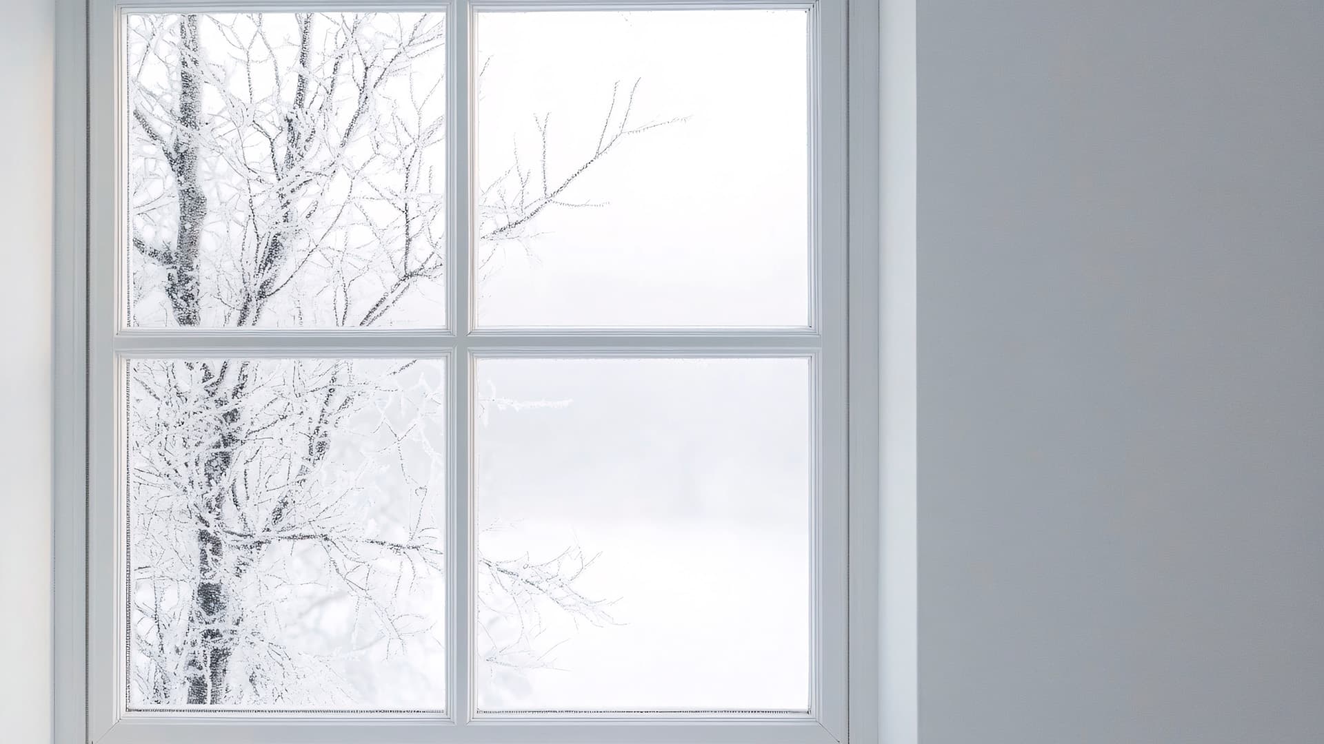 valkoinen huone josta avautuu valkoinen luminen maisema