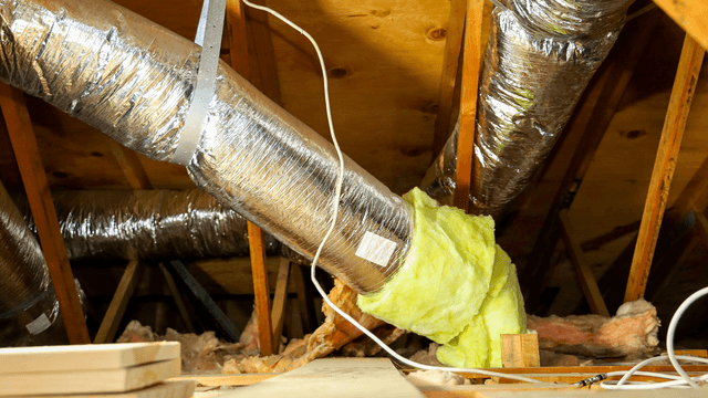 kahdella erilaisella eristeellä eristetty ilmanvaihtoputki välikatolla