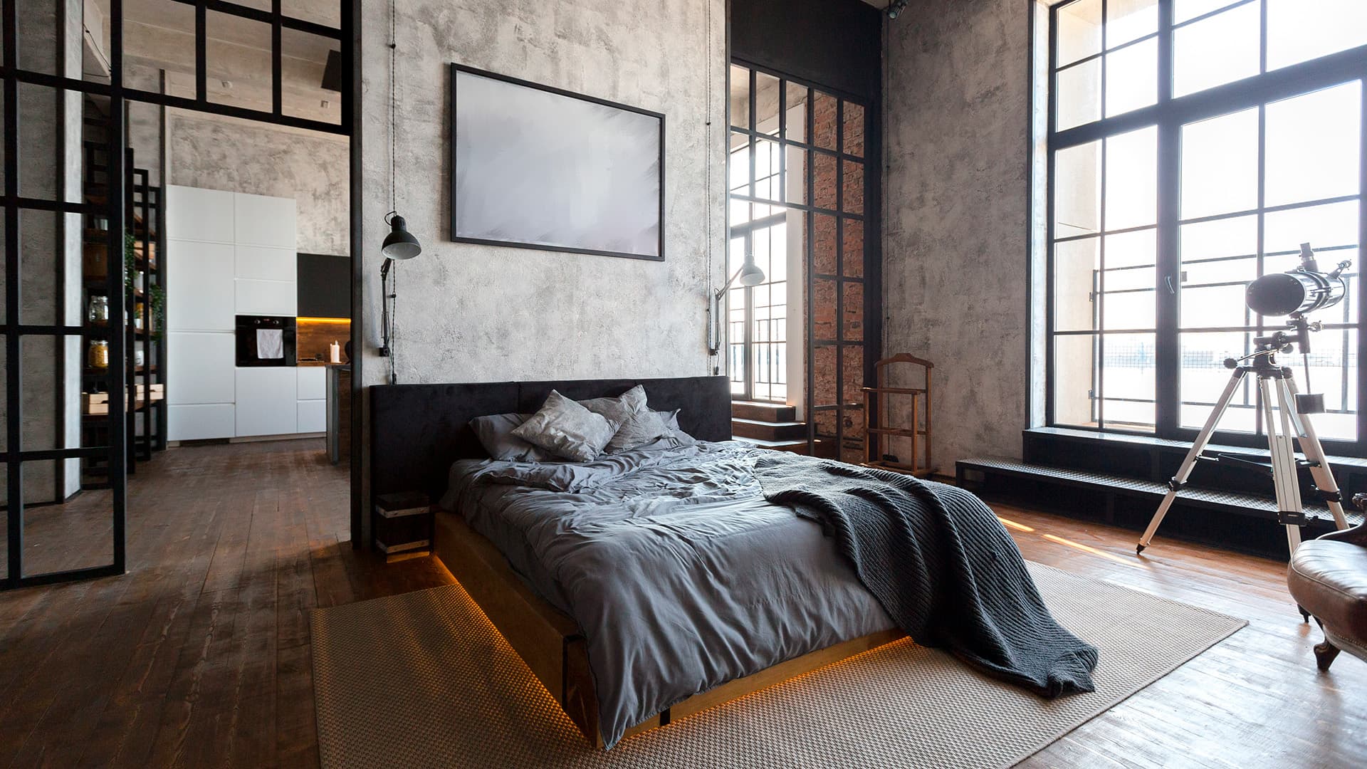 <p data-block-key="k1e75">9. Industrial loft-tyyppinen makuuhuone. Kuva Adobe Stock.</p>