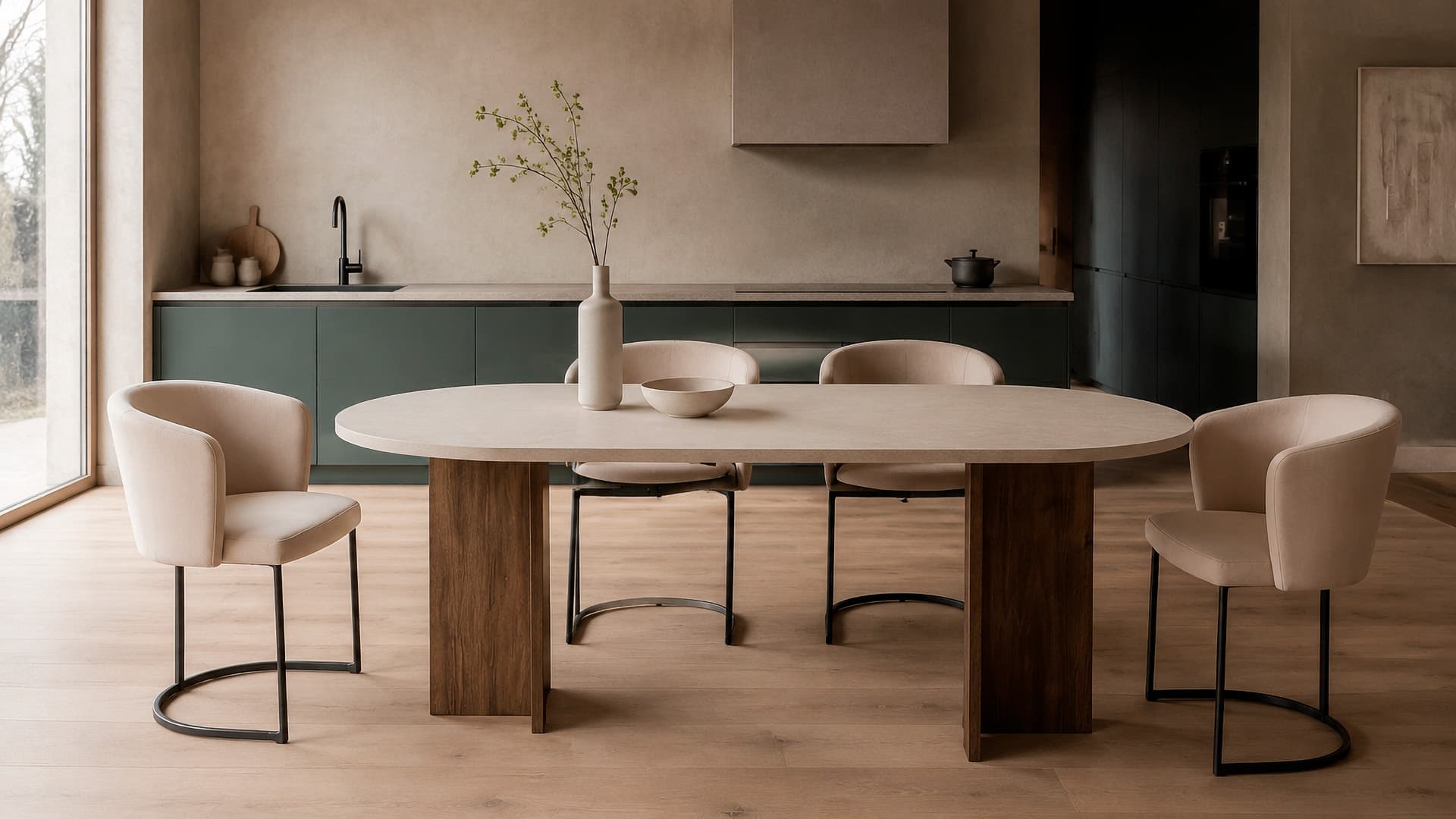 <p data-block-key="2nsw0">Valento Furniture Sabella -ruokapöytä ja vaaleat Furniture Fashion Simrishamn -tuolit sopivat saven, mineraalien ja murretun vihreän sävyihin. Tumma keittiökaluste antaa vaalealle ruokailuryhmälle selkeän taustan. Tekoälyllä tuotettu havainnekuva. Tarkista tuotteiden todelliset materiaalit, sävyt ja yksityiskohdat tuotetiedoista.</p>