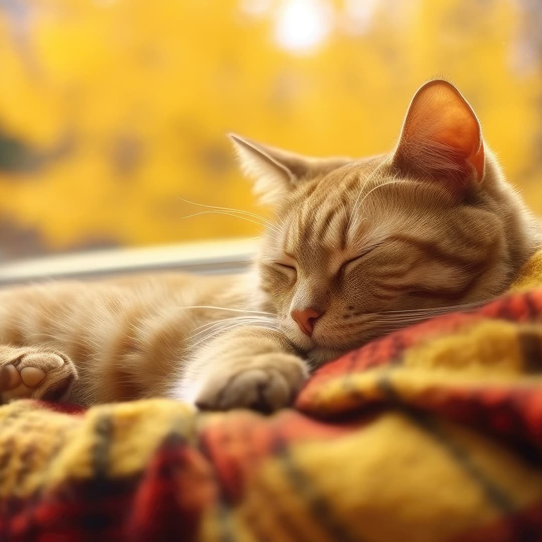 keltainen kissa makaa ikkunalaudalla auringonpaisteessa