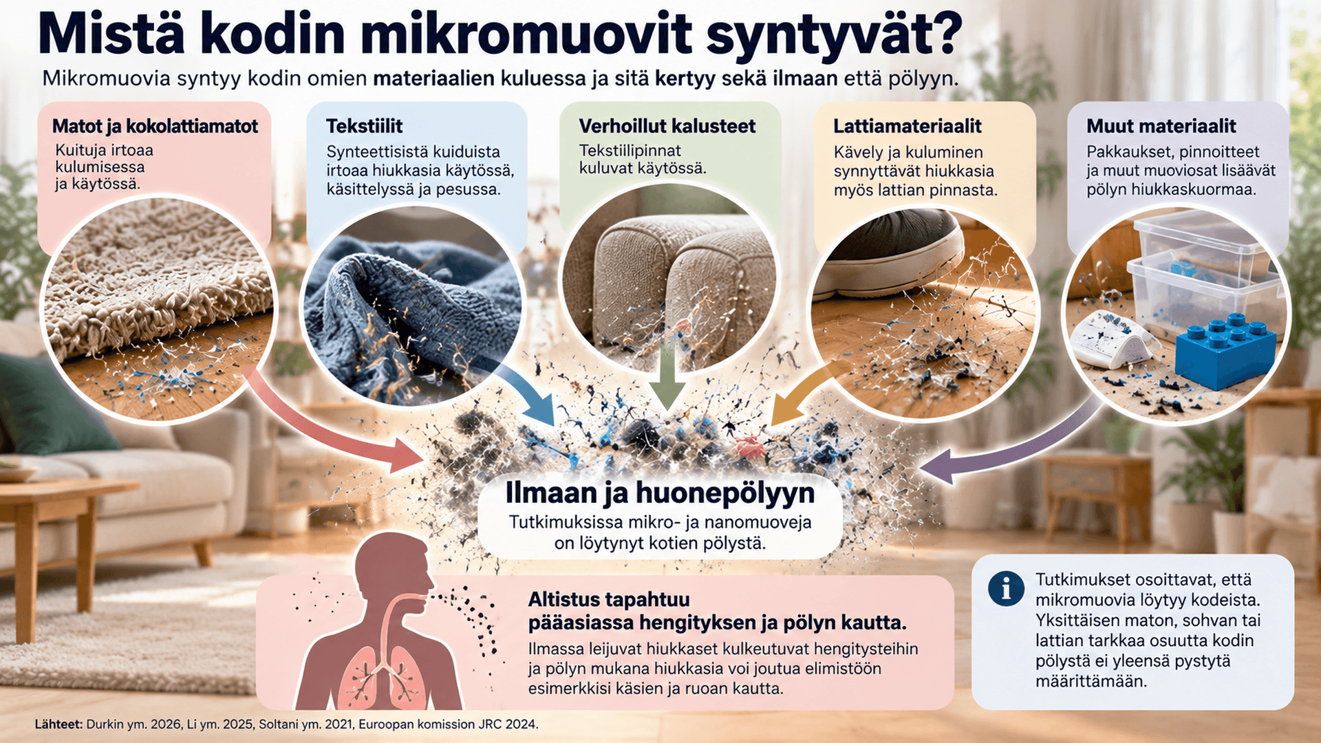 <p data-block-key="44pq7">Infograafi havainnollistaa, miten kodin materiaaleista irtoavat muovihiukkaset päätyvät sisäilmaan ja huonepölyyn sekä edelleen ihmisen hengitysteihin.</p>