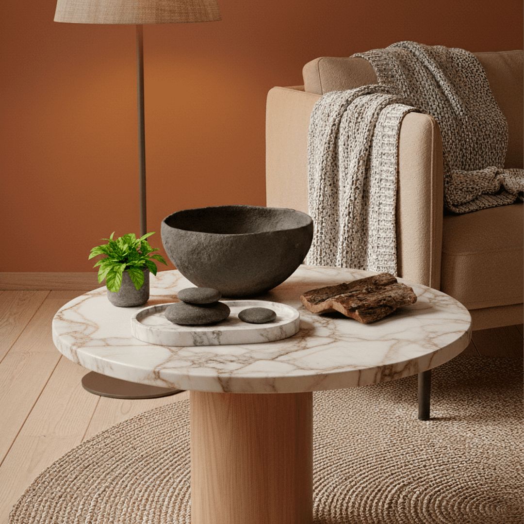 <p data-block-key="9rxe1">Travertiinin ja muiden kivipintojen idea on tuoda tilaan yksi painava, ankkuroiva elementti. (Kuvituskuva on luotu tekoälyä hyödyntäen. Kuva Sari Nieminen)</p>