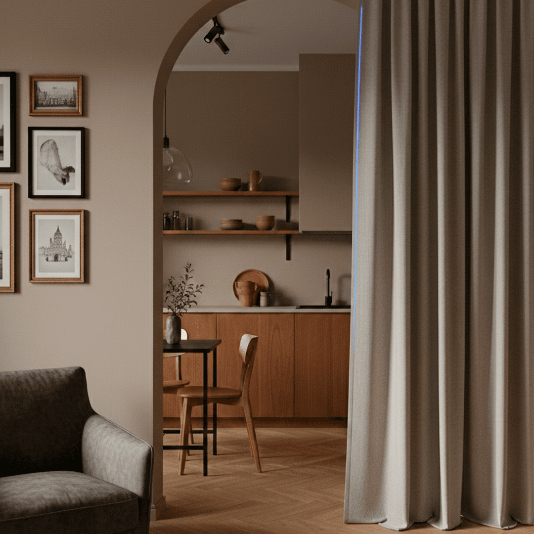 <p data-block-key="9rxe1">Oviaukkoon ripustettu verho rajaa tilaa ja pehmentää akustiikkaa, ja samalla se tuo huoneeseen uuden kerroksen ilman remonttia. (Kuvituskuva on luotu tekoälyä hyödyntäen. Kuva Sari Nieminen)</p>