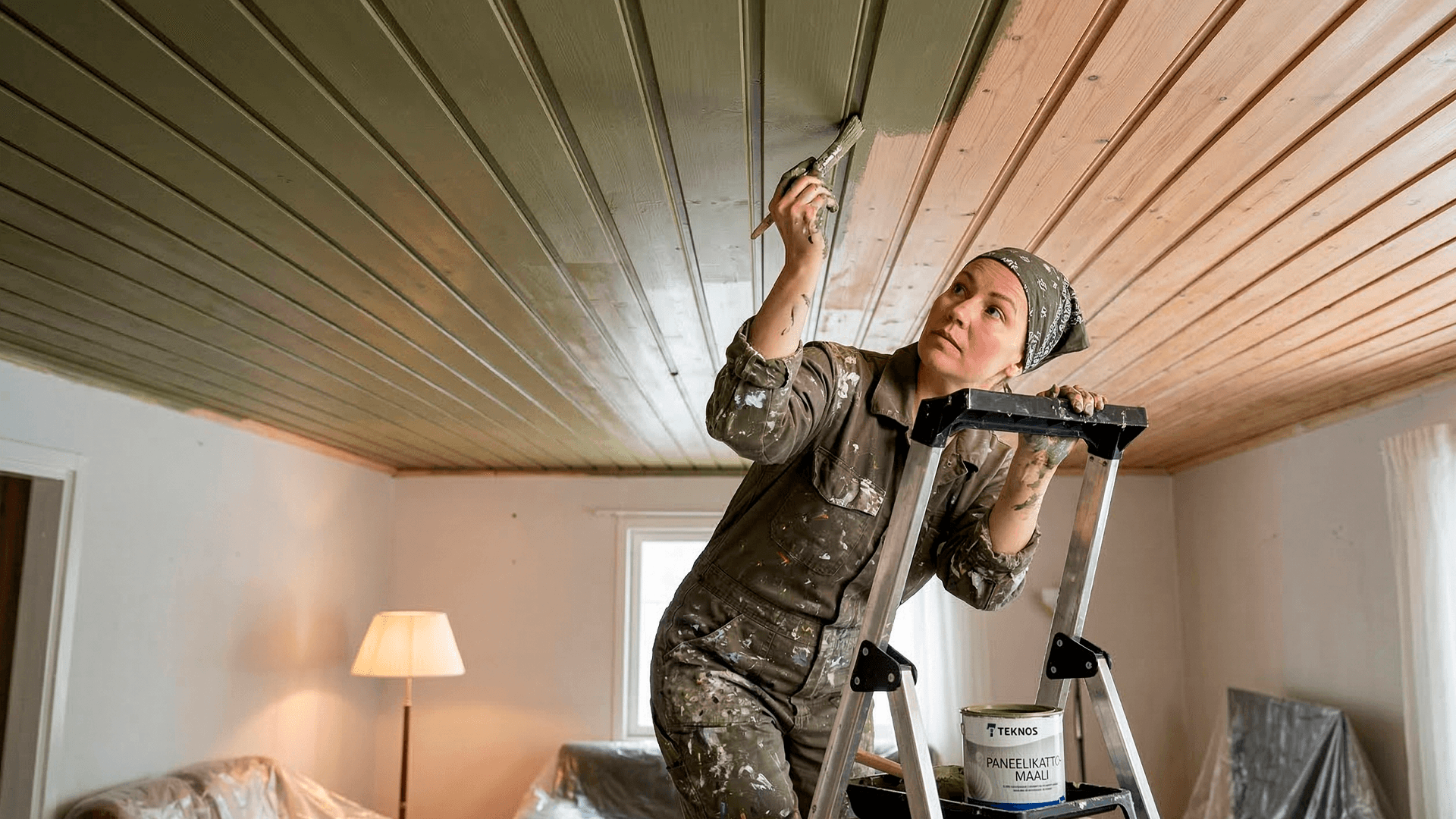 <p data-block-key="z9owl">Paneelikatossa urat maalataan ensin siveltimellä, minkä jälkeen tasaiset pinnat telataan paneelin suuntaisesti. Vanha lakattu paneeli tarvitsee tartuntapohjamaalia ennen pintamaalia. (Kuvitus: Sari Nieminen, kuvitus tuotettu tekoälyavusteisesti)</p>