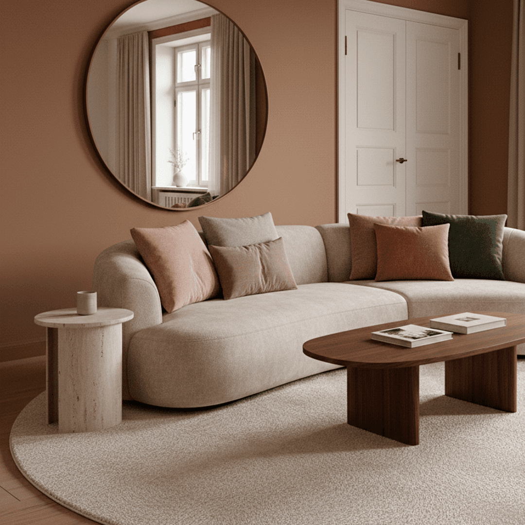 <p data-block-key="9rxe1">Kaareva peili tai pyöristetty sivupöytä pehmentää tilan ilmettä ilman, että kalusteita tarvitsee vaihtaa. (Kuvituskuva on luotu tekoälyä hyödyntäen. Kuva Sari Nieminen)</p>