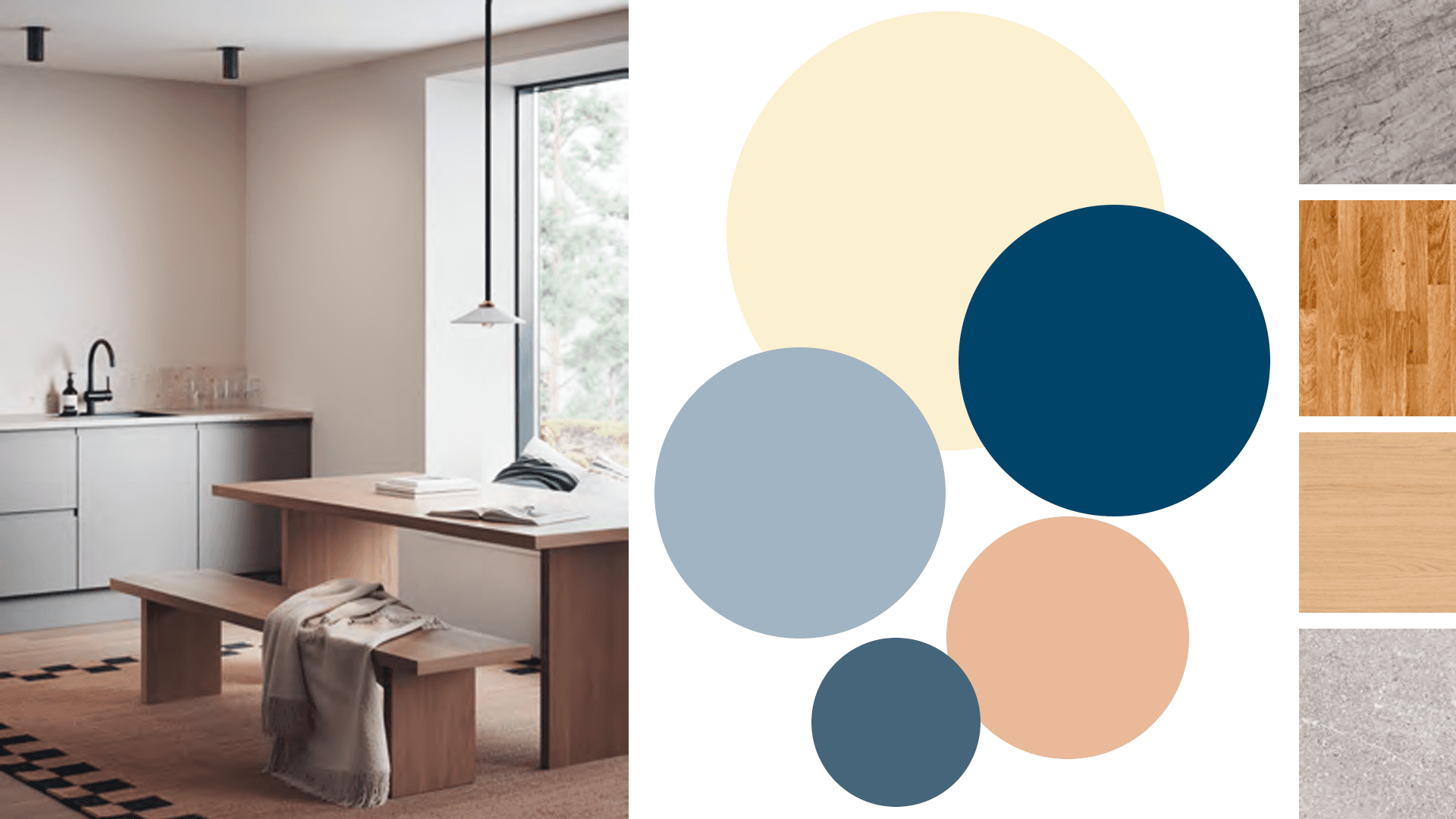 <p data-block-key="yqenv">Syvä sininen toimii vahvana päävärinä, kun rinnalla on lämpimiä materiaaleja. (Kuvankäsittely Sari Nieminen, kuva Norema-keittiö)</p>