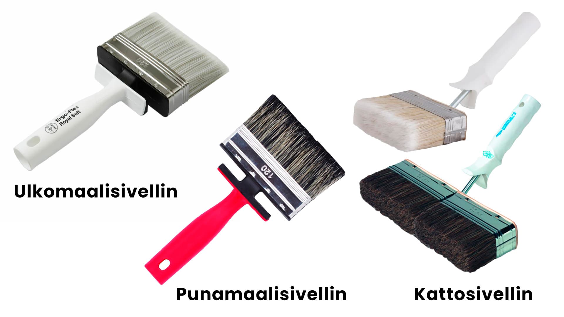 <p data-block-key="v46r4">Ulkomaalisivellin taittuvalla varrella, punamaalisivellin sekä kaksi erilaista kattomaalisivellintä. Tuotteet Sokeva.</p>