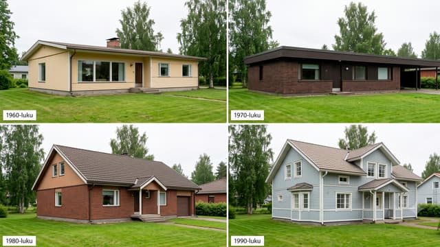 Neljään osaan jaettu kuva suomalaisista omakotitaloista eri vuosikymmeniltä: 1960-luvun matala talo, 1970-luvun tasakattotalo, 1980-luvun tiilitalo ja 1990-luvun kaksikerroksinen puutalo.