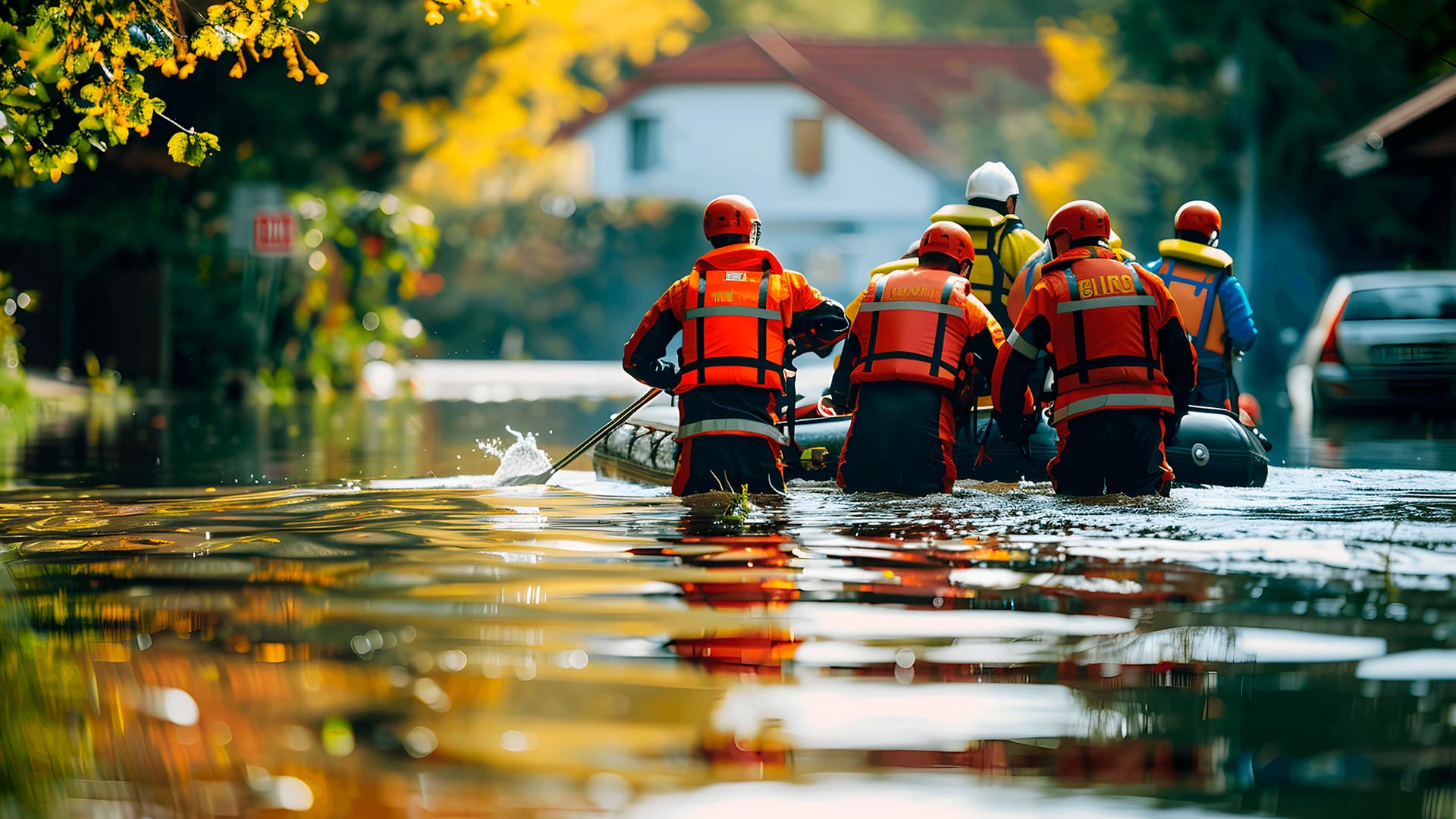 joukko ihmisiä pelastaa tulvanuhreja kumiveneellä