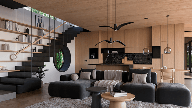 taustalla huomaamaton keittiö ja etualalla olohuone