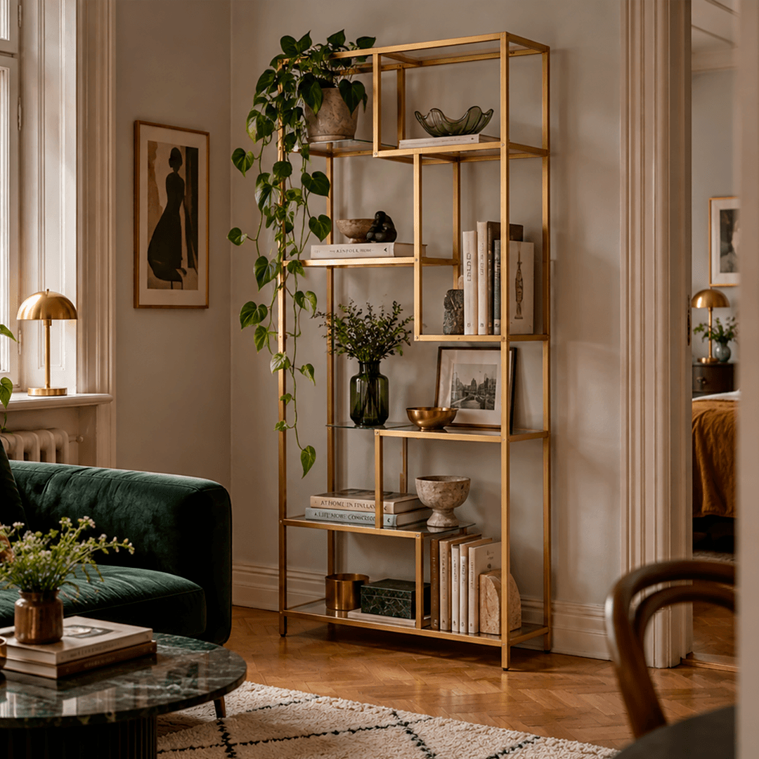 <p data-block-key="9f6vr">Kultainen metallirunkoinen kirjahylly tuo art deco -henkeä pieneen kaupunkikotiin. Dreamhomen Vasagle-kirjahyllyn lasitasoille voi sommitella kirjoja, taidetta ja koriste-esineitä. Siro rakenne sopii myös pieneen olohuoneeseen. (Tekoälyllä luotu kuvituskuva. Huoneisto on kuvitteellinen.)</p>