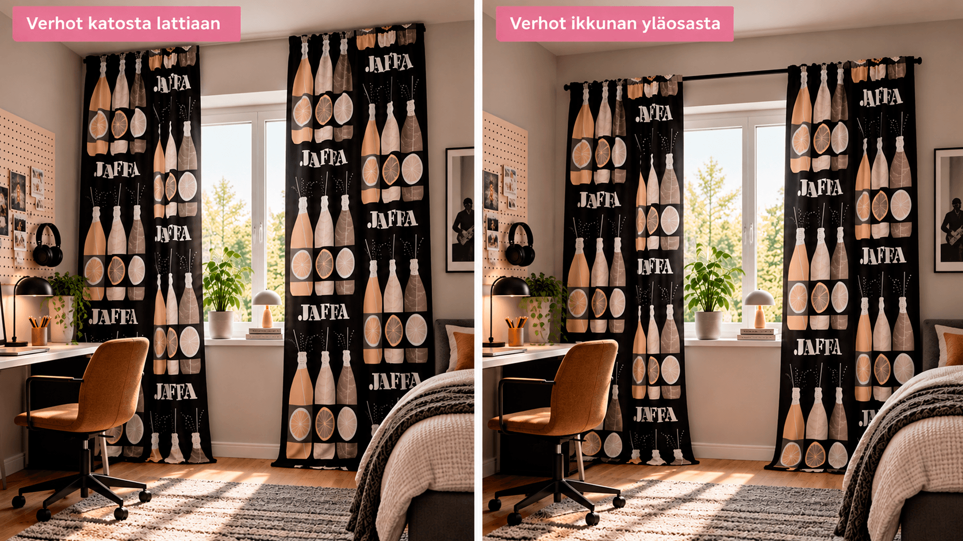 <p data-block-key="6sbcw">Verhotangon sijoituskorkeus vaikuttaa huoneen mittasuhteisiin. Vasemmalla verhotanko on katonrajassa, oikealla ikkunan yläpuolella. Molemmissa verhot ulottuvat lattiaan. Katonrajasta alkavat verhot saavat huoneen näyttämään korkeammalta. (Kuvituskuva, tekoälyllä mallinnettu.)</p>